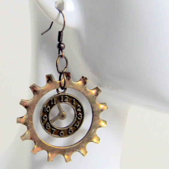 Steampunk Dangling Watch Lock Washer Earrings - Picture 2 of 4
